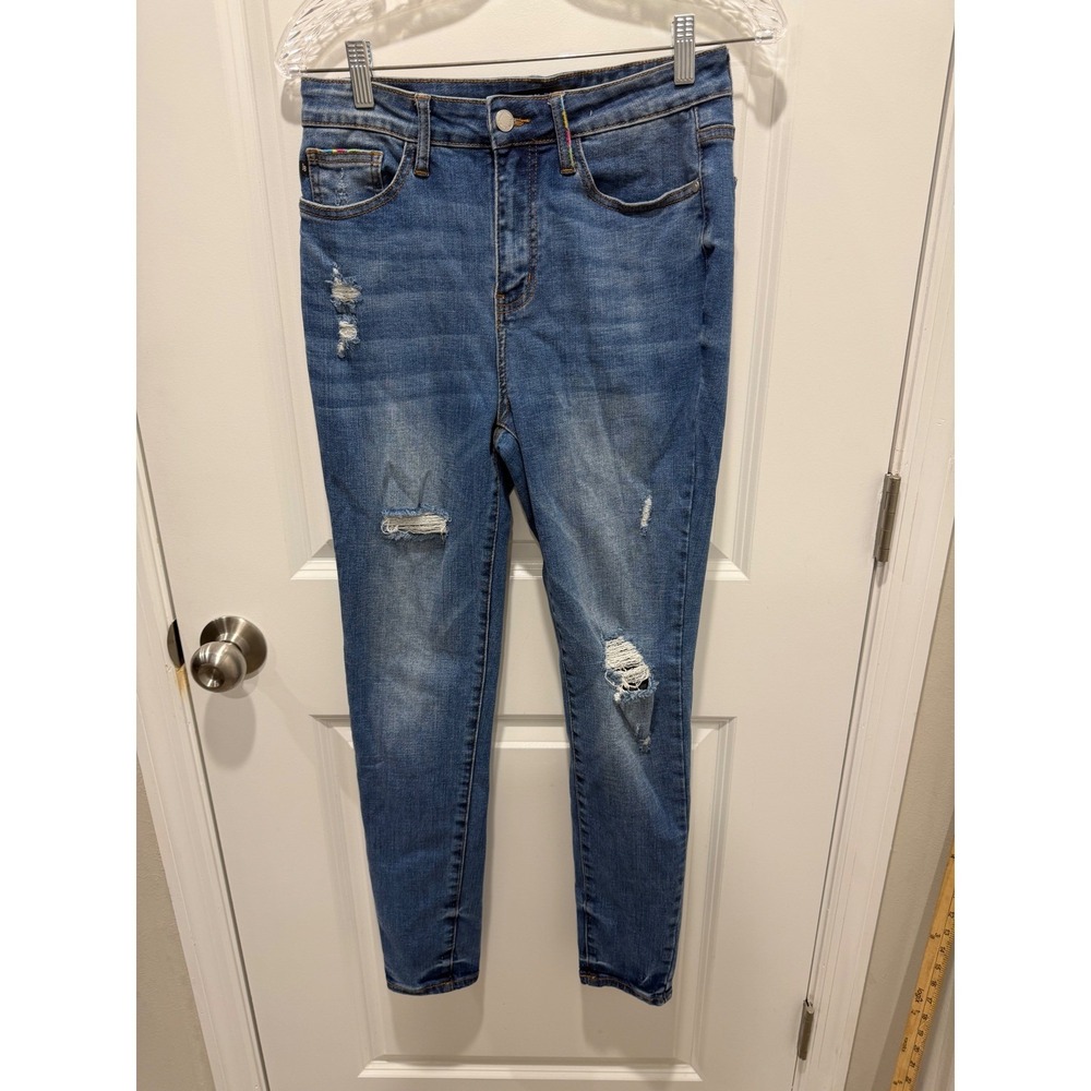 Judy Blue Womens Skinny Jeans Distressed Rainbow Embroidery Blue Size 7/28